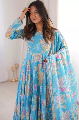 Sky blue printed muslin gown with pant & dupatta