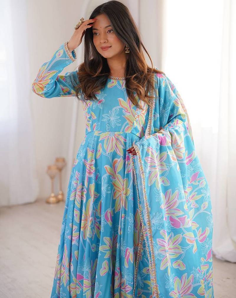 Sky blue printed muslin gown with pant & dupatta