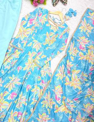 Sky blue printed muslin gown with pant & dupatta 5