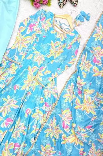 Sky blue printed muslin gown with pant & dupatta