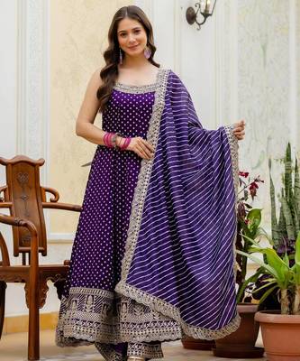 Purple embroidery & mirror work vichitra silk gown with palazzo & dupatta 1