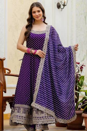 Purple embroidery & mirror work vichitra silk gown with palazzo & dupatta