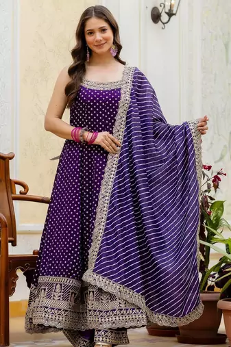Purple embroidery & mirror work vichitra silk gown with palazzo & dupatta
