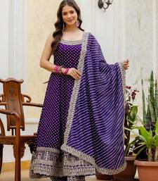 Purple embroidery & mirror work vichitra silk gown with palazzo & dupatta