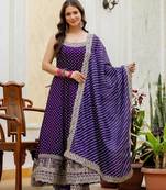 Purple embroidery & mirror work vichitra silk gown with palazzo & dupatta