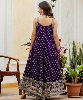 Purple embroidery & mirror work vichitra silk gown with palazzo & dupatta 2