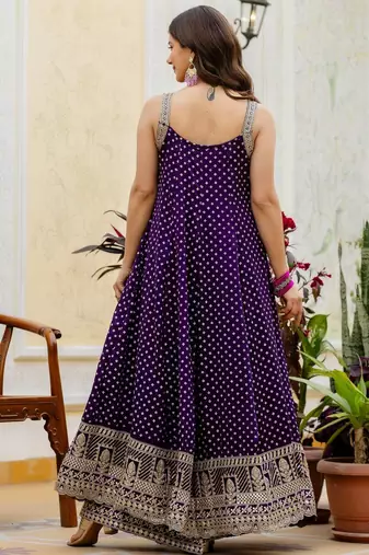 Purple embroidery & mirror work vichitra silk gown with palazzo & dupatta
