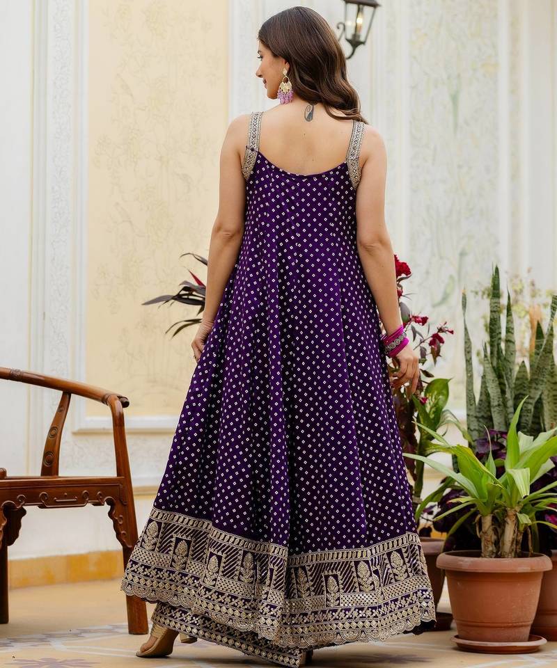 Purple embroidery & mirror work vichitra silk gown with palazzo & dupatta