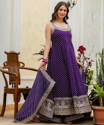 Purple embroidery & mirror work vichitra silk gown with palazzo & dupatta 3