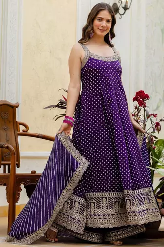 Purple embroidery & mirror work vichitra silk gown with palazzo & dupatta