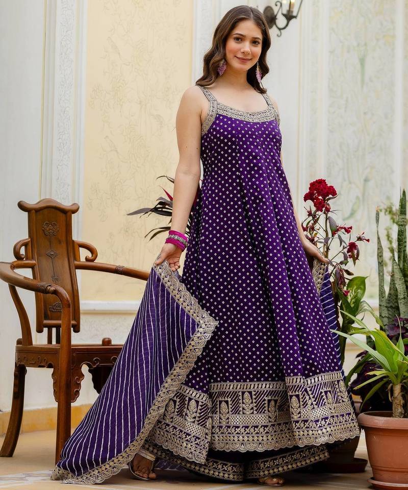 Purple embroidery & mirror work vichitra silk gown with palazzo & dupatta