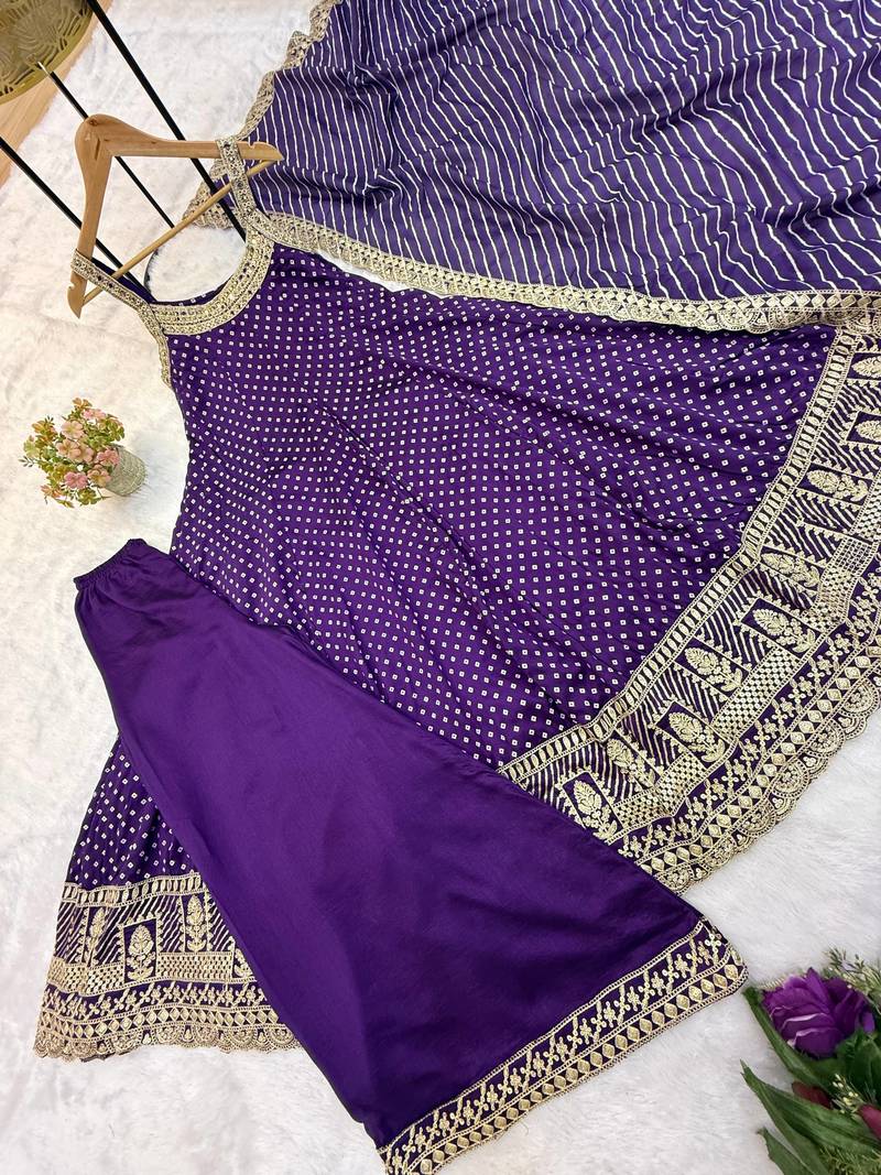 Purple embroidery & mirror work vichitra silk gown with palazzo & dupatta