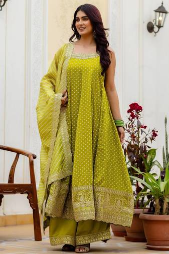 Light green embroidery & mirror work vichitra silk gown with palazzo & dupatta