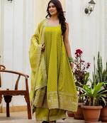 Light green embroidery & mirror work vichitra silk gown with palazzo & dupatta