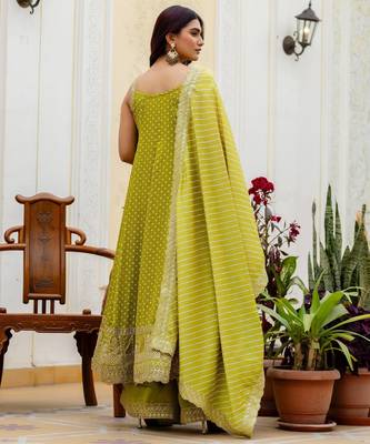 Light green embroidery & mirror work vichitra silk gown with palazzo & dupatta 2