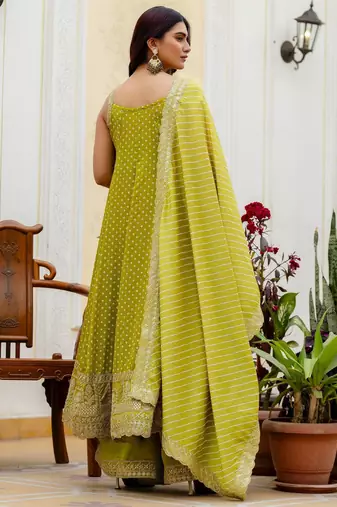 Light green embroidery & mirror work vichitra silk gown with palazzo & dupatta