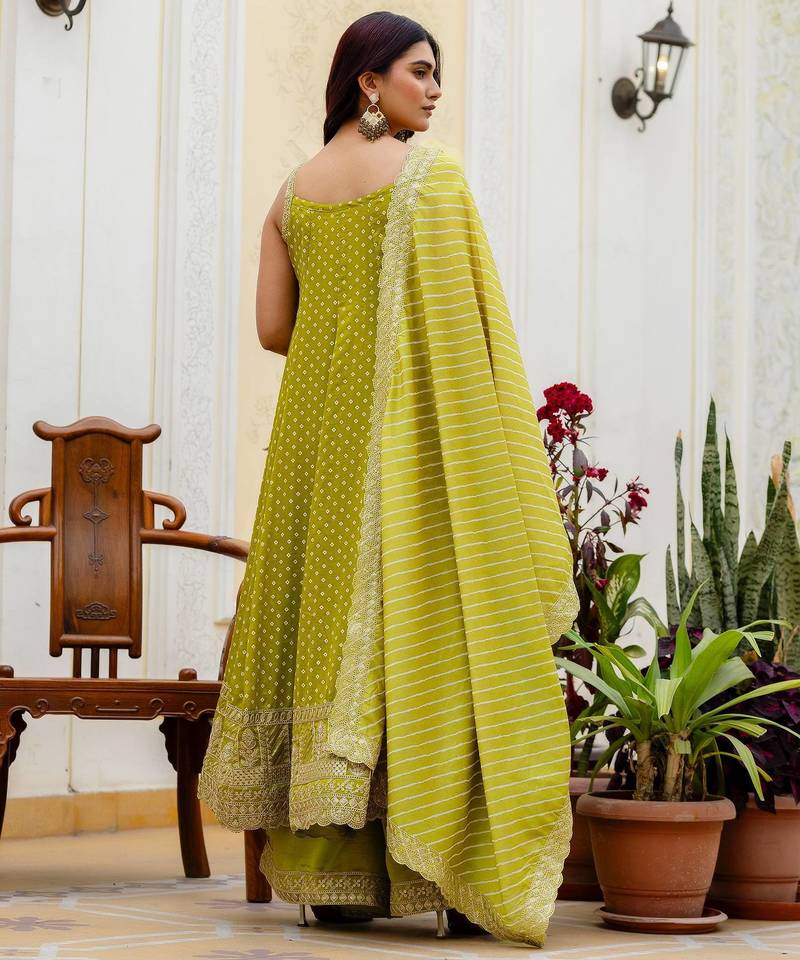 Light green embroidery & mirror work vichitra silk gown with palazzo & dupatta