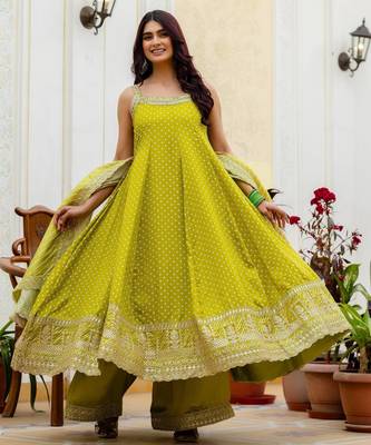 Light green embroidery & mirror work vichitra silk gown with palazzo & dupatta 3