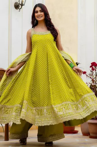Light green embroidery & mirror work vichitra silk gown with palazzo & dupatta