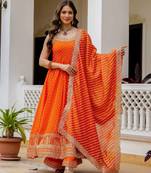 Orange embroidery & mirror work vichitra silk gown with palazzo & dupatta