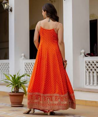 Orange embroidery & mirror work vichitra silk gown with palazzo & dupatta 2