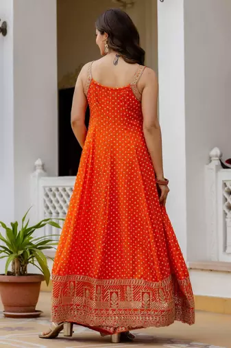 Orange embroidery & mirror work vichitra silk gown with palazzo & dupatta