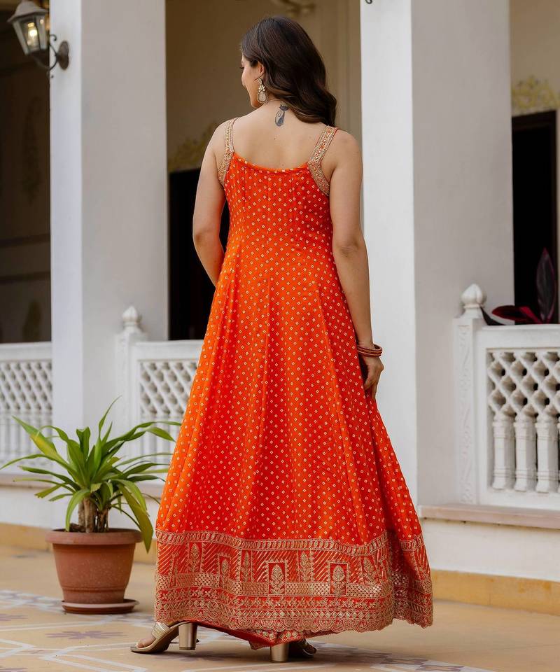 Orange embroidery & mirror work vichitra silk gown with palazzo & dupatta