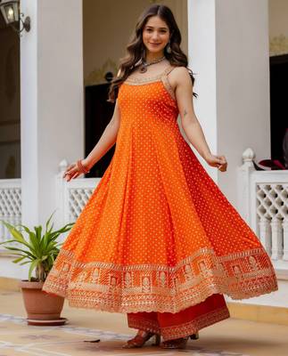 Orange embroidery & mirror work vichitra silk gown with palazzo & dupatta 3