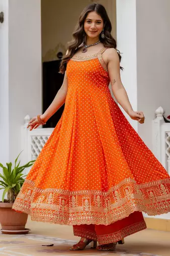 Orange embroidery & mirror work vichitra silk gown with palazzo & dupatta