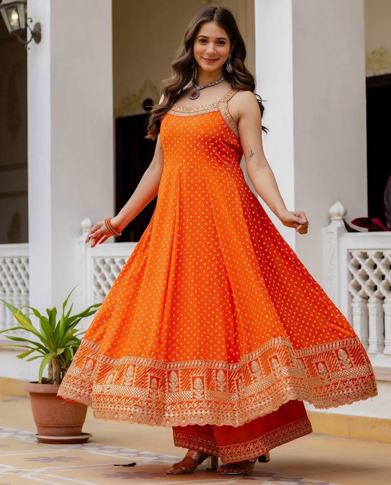 Orange embroidery & mirror work vichitra silk gown with palazzo & dupatta