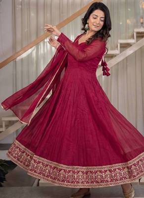 Rani pink sequins embroidered crunchy silk anarkali with pant & dupatta 1