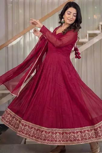 Rani pink sequins embroidered crunchy silk anarkali with pant & dupatta