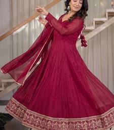 Rani pink sequins embroidered crunchy silk anarkali with pant & dupatta