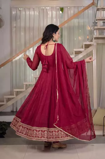 Rani pink sequins embroidered crunchy silk anarkali with pant & dupatta