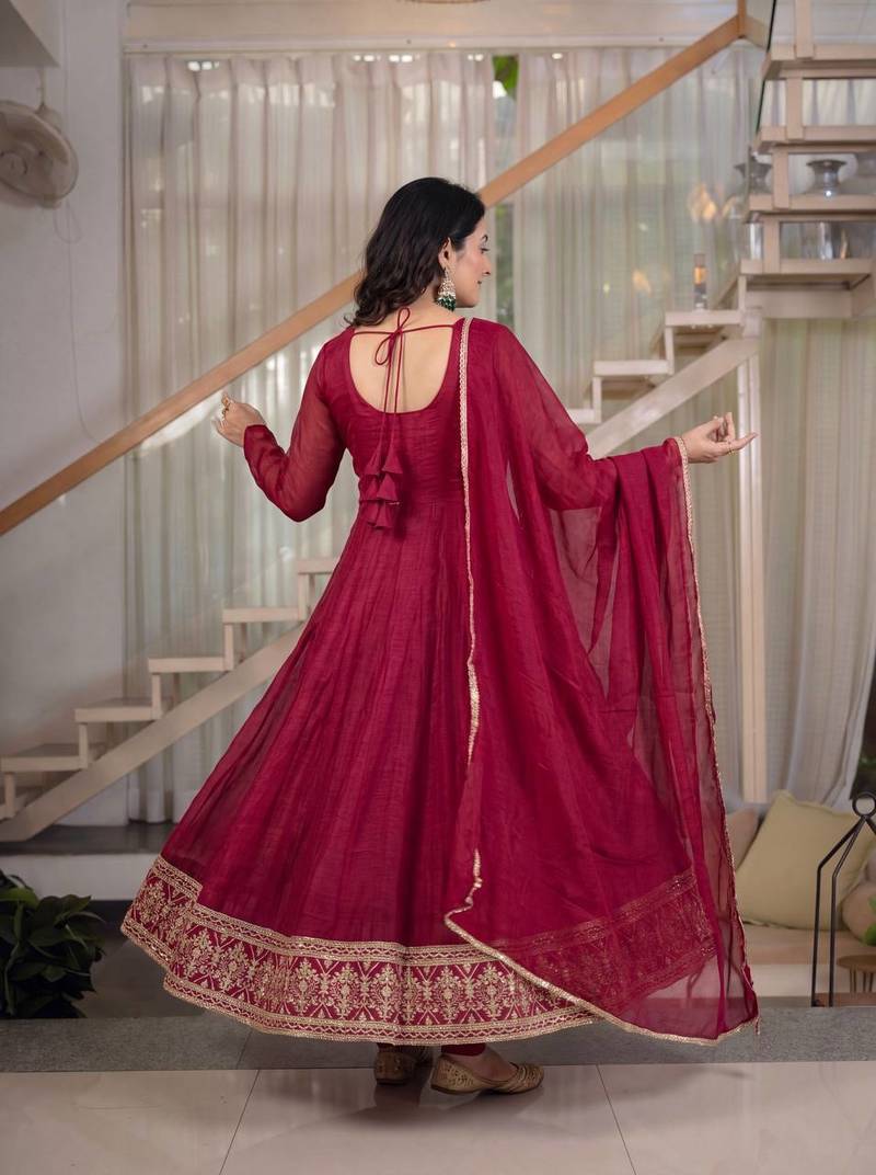 Rani pink sequins embroidered crunchy silk anarkali with pant & dupatta
