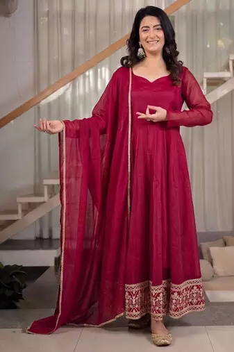Rani pink sequins embroidered crunchy silk anarkali with pant & dupatta