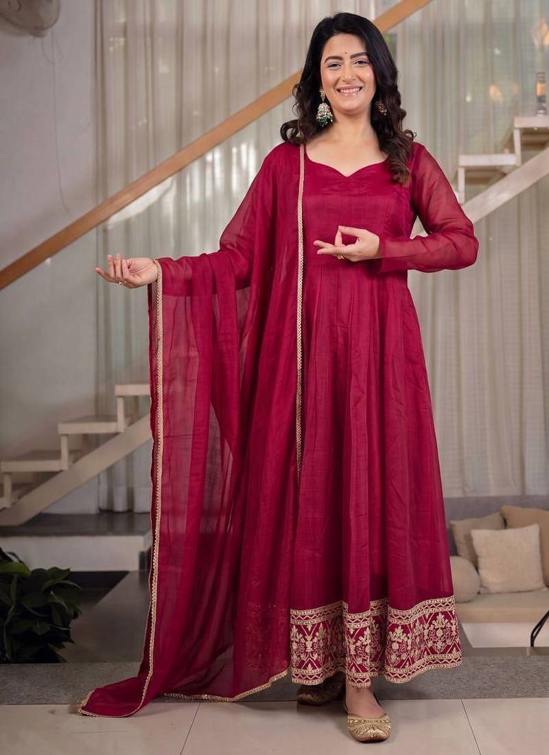 Rani pink sequins embroidered crunchy silk anarkali with pant & dupatta