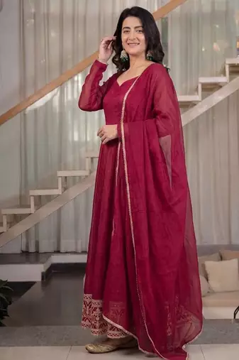 Rani pink sequins embroidered crunchy silk anarkali with pant & dupatta
