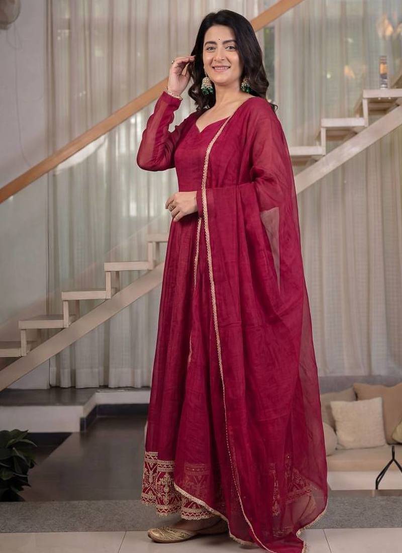 Rani pink sequins embroidered crunchy silk anarkali with pant & dupatta