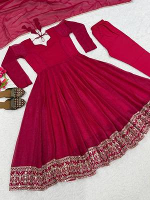 Rani pink sequins embroidered crunchy silk anarkali with pant & dupatta 5