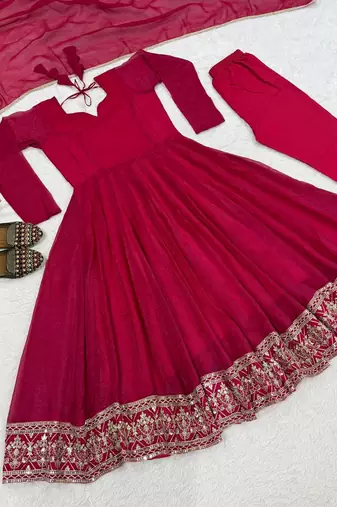 Rani pink sequins embroidered crunchy silk anarkali with pant & dupatta