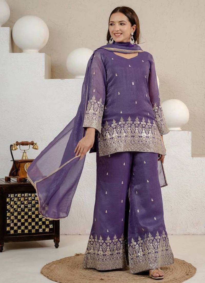 Purple sequins embroidery work crunchy silk kurta palazzo set