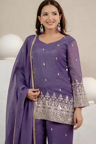 Purple sequins embroidery work crunchy silk kurta palazzo set