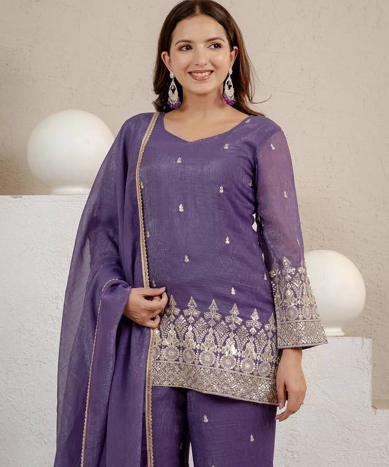Purple sequins embroidery work crunchy silk kurta palazzo set