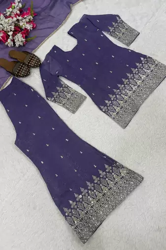 Purple sequins embroidery work crunchy silk kurta palazzo set