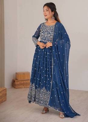 Teal blue designer embroidery work georgette anarkali set 1