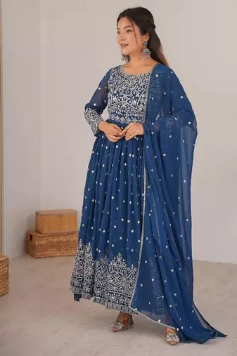 Teal blue designer embroidery work georgette anarkali set