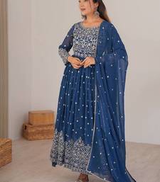 Teal blue designer embroidery work georgette anarkali set