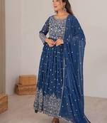 Teal blue designer embroidery work georgette anarkali set