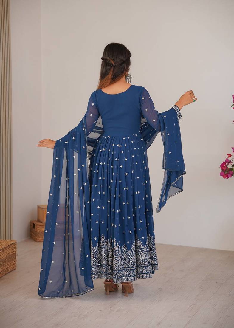 Teal blue designer embroidery work georgette anarkali set